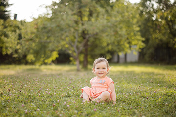 small girl playing in apple orchard