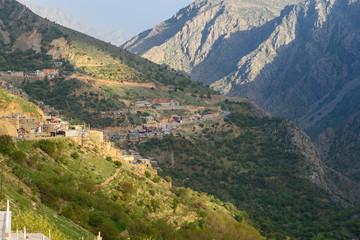 Fototapeta na wymiar Howraman Valley with typical Kurdish village in Zagros Mountain. Kurdistan Province, Iran.