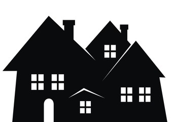 City, black silhouette. Vector icon. Group of houses with smokestack, windows and door.