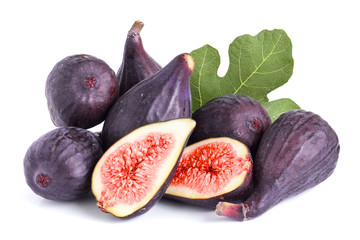 Fresh fig fruit and half with leaf isolated on white background