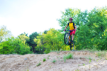 The concept of an active lifestyle, the enduro cyclist descending from the top on a mountain bike, a bright summer photo.