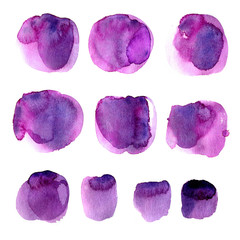 Ultra violet. Abstract paint spots on white background. Color watercolor stains and blots.