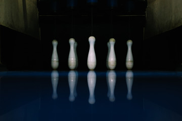 Bowling pins. Closeup of tenpin row on a lane