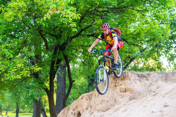 Fototapeta na wymiar Professional enduro cyclist rides a mountain bike, free space.