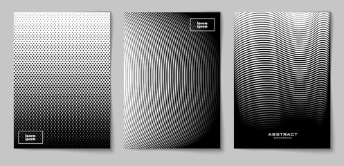 Set of vertical abstract backgrounds with halftone pattern in black and white colors. Design template of flyer, banner, cover, poster in A4 size. Vector 