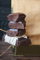 Dark chocolate / Chocolate chunks isolated / Chocolate bar pieces