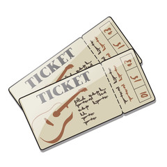 Two tickets to a concert of guitar live music, chanson, rock, romantic ballads. Set of event invitations with inscriptions. Vector cartoon close-up illustration.