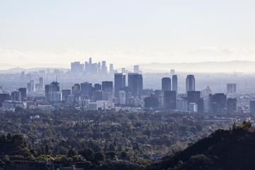 Smoggy view towards Century City with downtown Los Angeles in the background.  