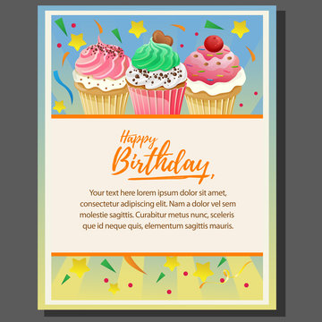 happy birthday theme poster with party muffin