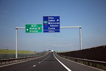 Directions signs on an empty highway 