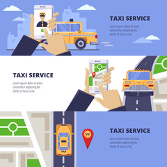 Obraz na płótnie Canvas Taxi service travel concept. Vector illustration of yellow cab on road and mobile app on smartphone screen