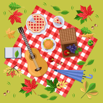 Autumn Picnic In Park Or Forest. Fall Landscape, Leaves And Food On Red Plaid, Top View Illustration. Vector Background.