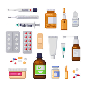 Pharmacy, Medicine And Healthcare Vector Flat Illustration. Pills, Drugs, Bottles Icons And Design Elements