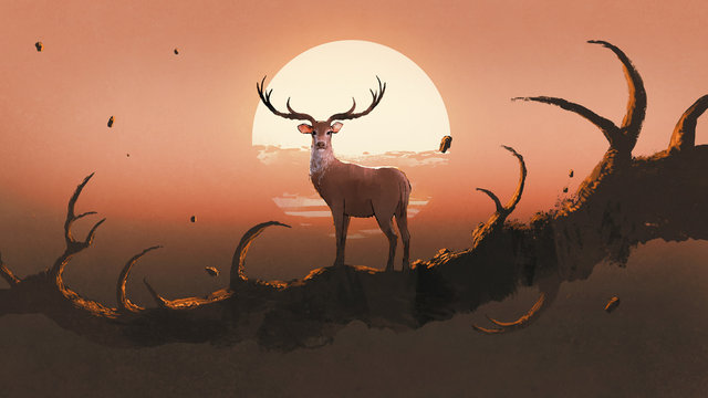 the deer standing on a giant branch that resembles an animal's horns against sunset sky, digital art style, illustration painting