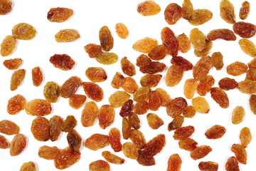 Pile of raisins isolated on white background and texture, top view