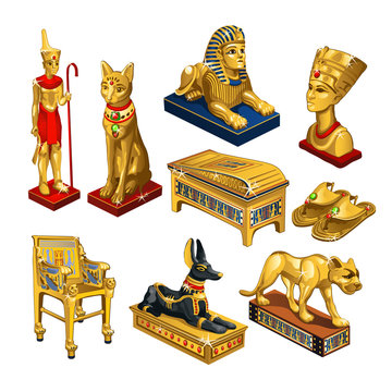Set of attributes and jewelry on the theme of ancient Egypt isolated on white background. Golden figurine in the shape of the head of Cleopatra, sacred animals. Vector illustration.