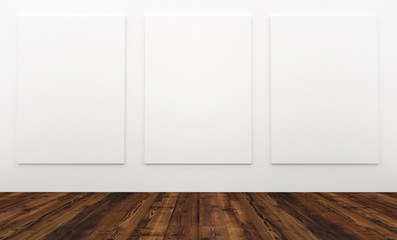 Mock up empty interior white wall and wooden floor with blank bord