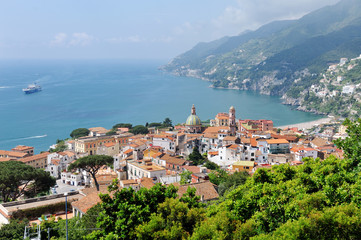 Naklejka na ściany i meble Panoramic view of Vietri sul Mare, the first town on the Amalfi Coast, with the Gulf of Salerno, province of Salerno, Campania, southern Italy