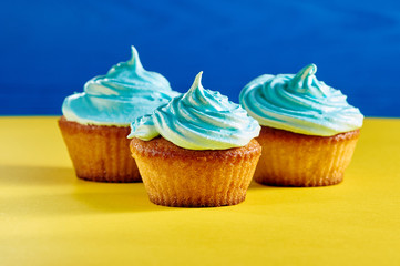 Unusual cupcakes with a beautiful blue cream. Cakes with perfect caps made from protein cream. Whipped cream with blue food color. Treat for children on a yellow-blue background.