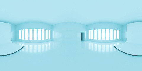 HDRI environment map, abstract blue spherical panorama background, interior with stage, white light source rendering (3d illustration)
