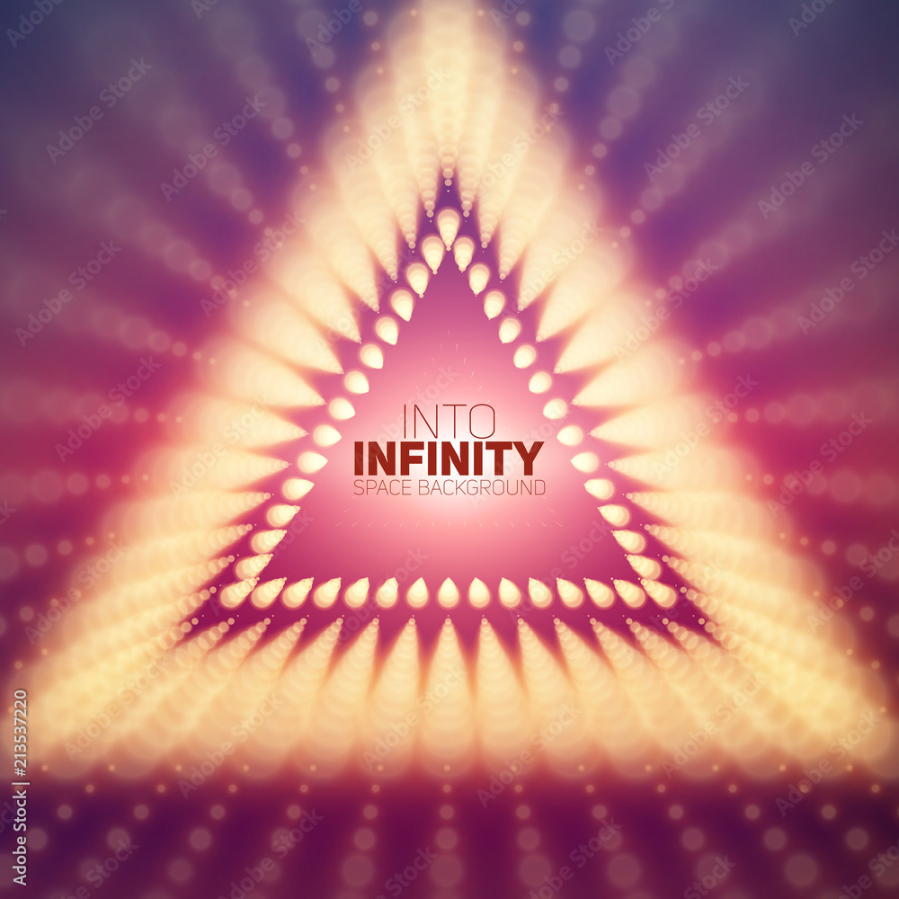 Poster vector infinite triangle twisted tunnel of shining flares on violet background. glowing points form 