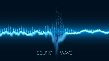 Vector abstract blue digital equalizer with shallow depth of field effect. Vector of sound wave. Glowing points. Signal visualization. HUD elements. Waveform.