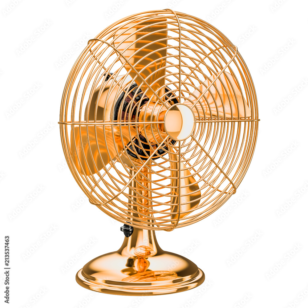 Poster golden retro table fan, 3d rendering