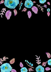 Painted watercolor composition with flowers and leaves. Frame of roses. Floral border. Can be used as invitation card for wedding, birthday, other holiday, summer background, poster, banner.