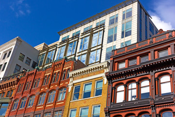Buildings mosaic of historic and modern styles in Washington DC downtown, USA. Different styles of urban architecture of USA capital city.
