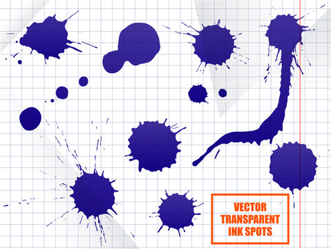 Blue ink spot set, paint blot. Semitransparent vector shapes isolated on school notebook sheet background