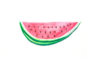 Hand Drawn Watercolor Painting of Wedge Slice of Ripe Juicy Watermelon with Red Dent Seeds in Doodle Kids Style.  White Paper Background. Beautiful Food Poster with Copy Space