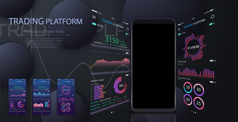 Market trade. Binary option. Trading platform, account. Money Making, business. Market analysis. Investing. Screen of user interface for phone, laptop, tablet. Modern 3d trade app