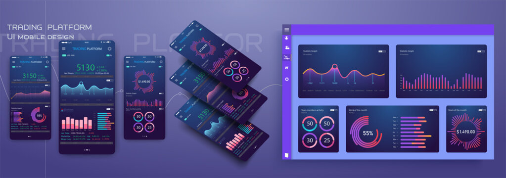 Flat design responsive Management and Administration Dashbord UI mobile app template on trendy modern background, with 3d smartphone mockups and infographics charts kit