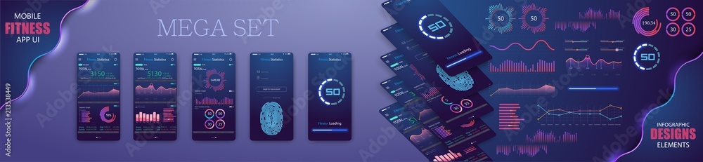 Poster different ui, ux, gui screens fitnes app and flat web icons for mobile apps, responsive website incl