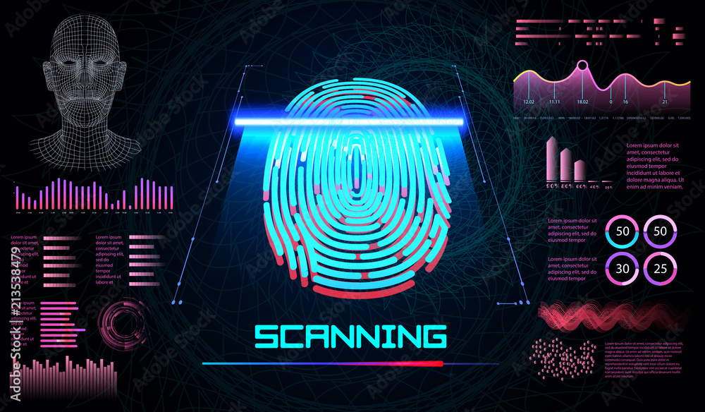 Fototapete finger scan in futuristic style. biometric id with futuristic hud interface. fingerprint scanning te