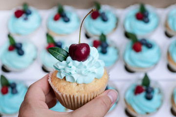 Cherry cupcakes decorated with cream and fresh berries.