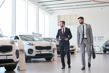 Young businessman choosing a new car together with auto dealer in auto showroom