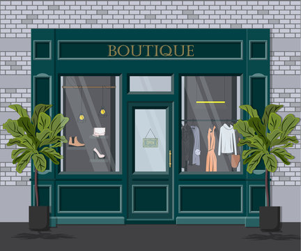 Graphic vector facade vintage boutique. Detailed Illustration of a clothes shop in a flat style. Retail storefront. European fashion store house
