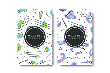 Vector realistic isolated brochure with memphis pattern design with abstract gradient geometric shapes for decoration on the white background.