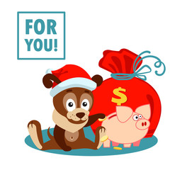 New year or Christmas greeting card with dog, bag and money box pig and regards for you