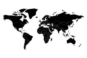 Black flat world map silhouette. Simplified controur. Vector illustration.