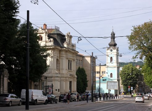 Street with Saint Spirit church bell tower, Lviv, Ukraine