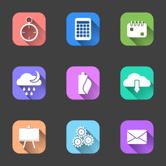 Set of flat icons with a shadow on multi-colored backgrounds