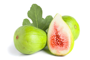 Ripe green fig fruit and half with leaf isolated on white background