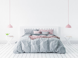 Wall mock-up in modern bedroom, Scandinavian style, 3d render - obrazy, fototapety, plakaty