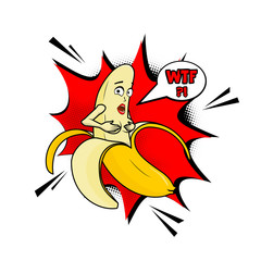 Vector adult character. Funny illustration naked banan with boobs and pop art cloud WTF. Banana striptease nude fun cartoon. Print for cards, t-shitrs, products