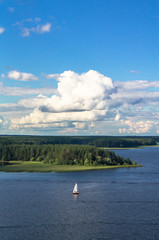 Small sailing boat on the lake Seliger, Tver region.