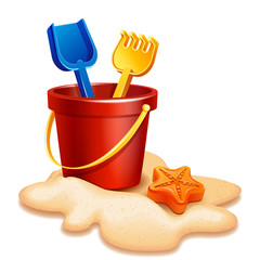 Vector illustration - Sand bucket, shovel and rake isolated on white