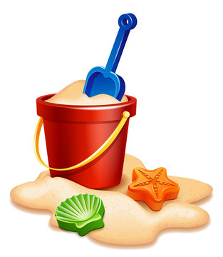 Vector illustration - Sand bucket, shovel and rake isolated on white