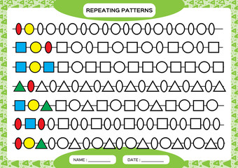 Complete repeating patterns. Worksheet for preschool kids. Practicing motor skills, improving skills tasks. Complete the pattern. Color beads. Green background. Square, circle, oval, triangle